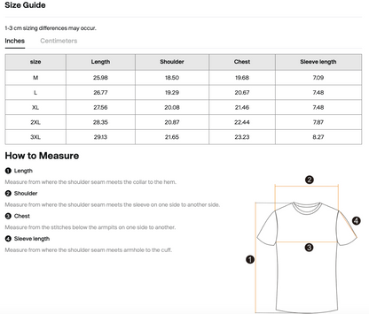 Size chart for shirts with measurements in inches and centimeters, and a diagram on how to measure a shirt.