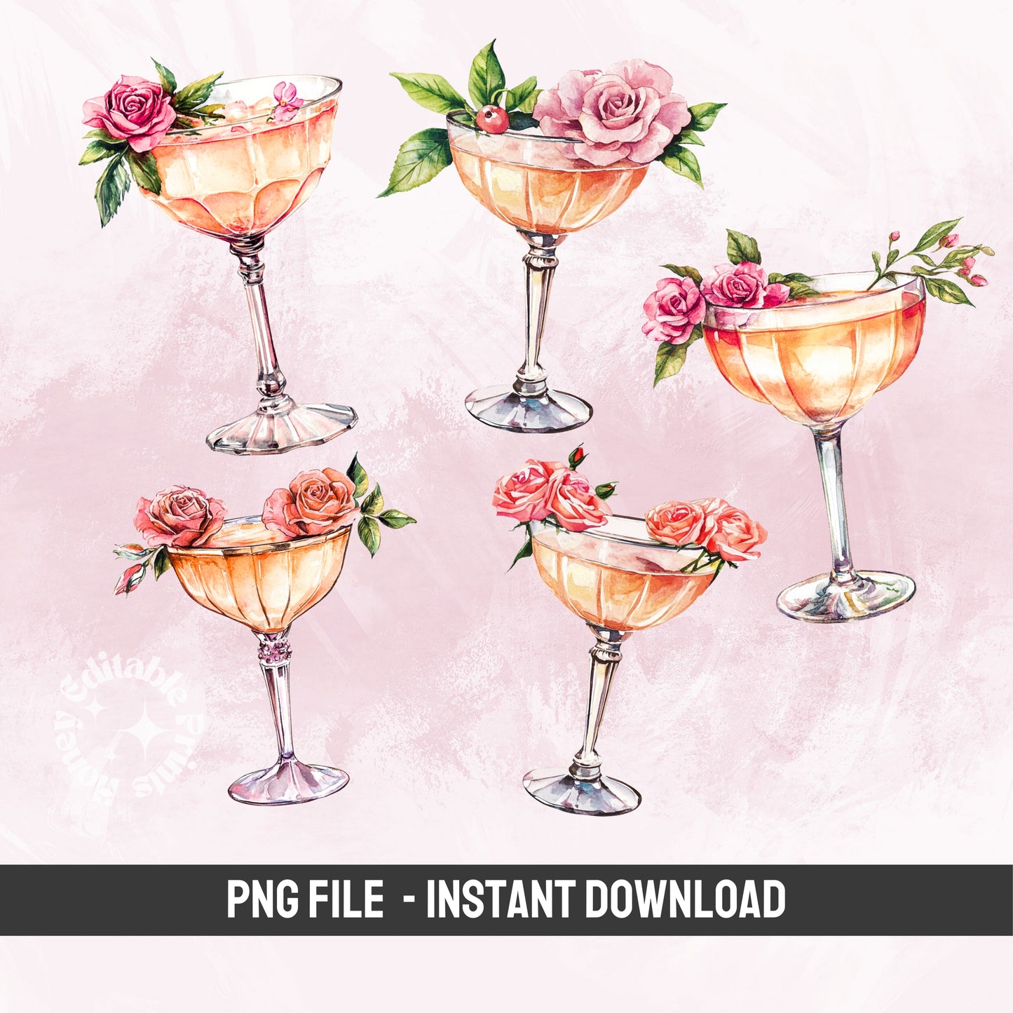 Rose Cocktail Drinks Collection - Hand Drawn Watercolor Illustrations