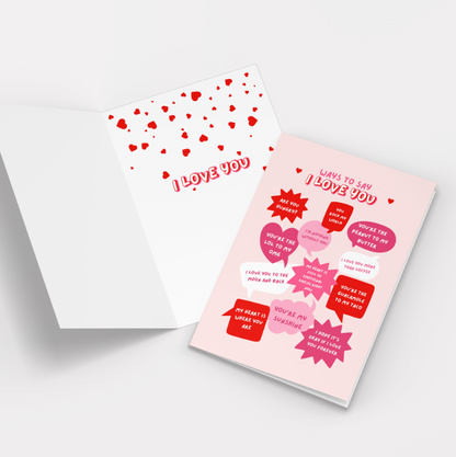 Valentines Day Card, Ways to say  I love You Pack of 10 Greeting Cards