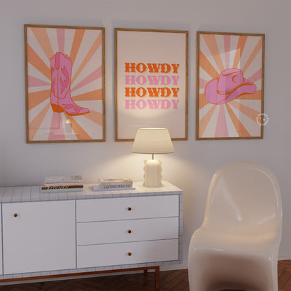 Set of 3 Cowgirl Prints - Pink Orange - Digital