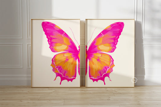 Set of 2 Split Butterfly Wall Art - Pink Orange - Digital