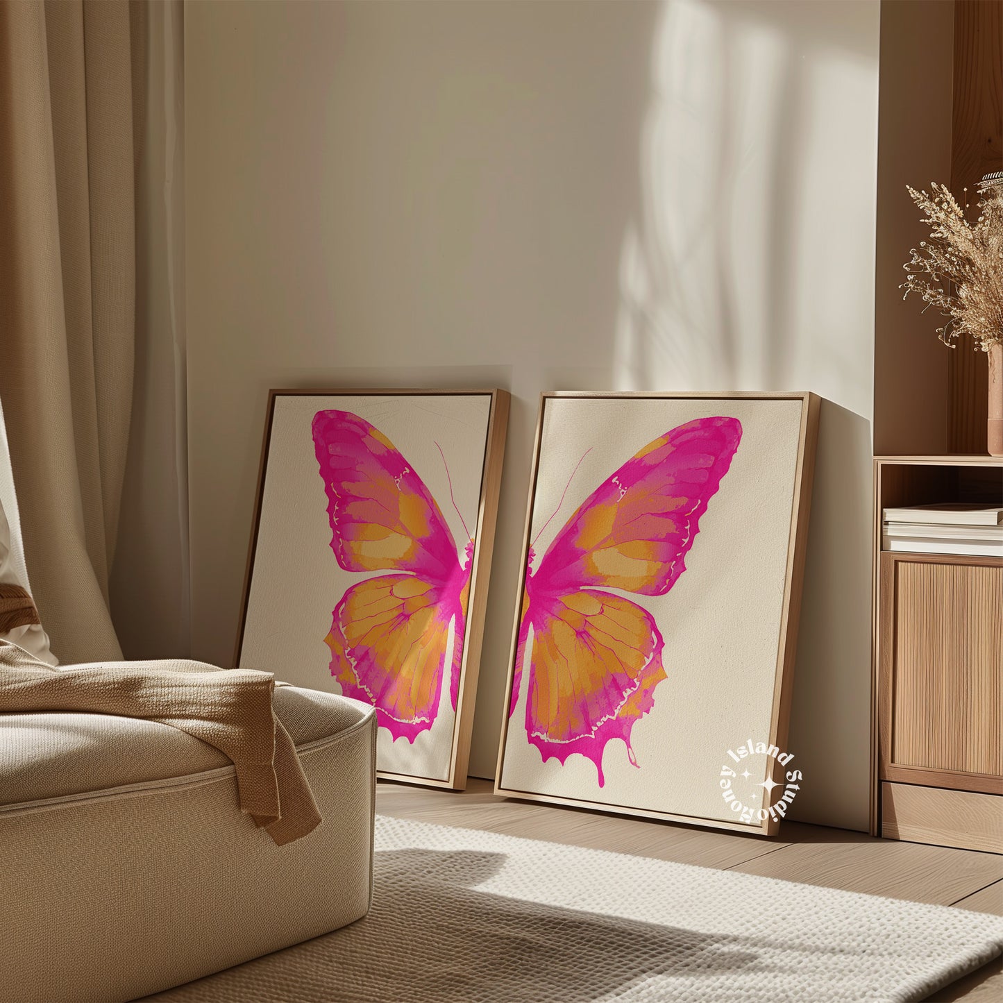 Set of 2 Split Butterfly Wall Art - Pink Orange - Digital