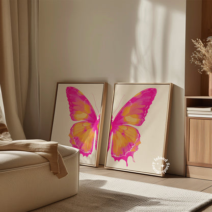 Set of 2 Split Butterfly Wall Art - Pink Orange - Digital