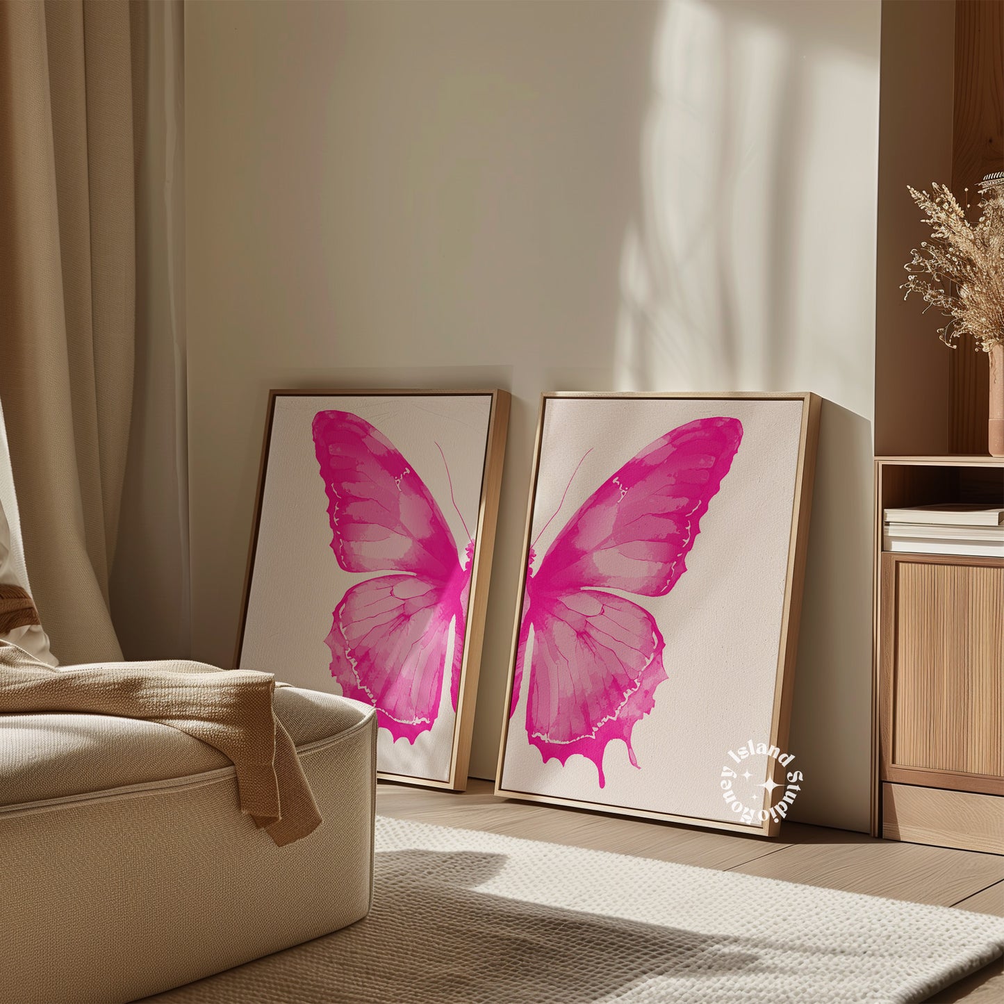 Set of 2 Split Butterfly Wall Art - Pink - Digital