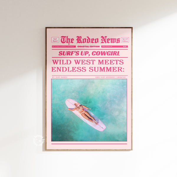 Coastal Cowgirl Wall Art – Pink Retro Newspaper Print with Surf Up Rodeo Vibes