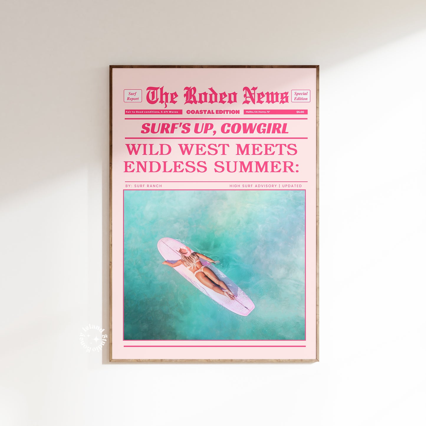 Coastal Cowgirl Wall Art – Pink Retro Newspaper Print with Surf Up Rodeo Vibes