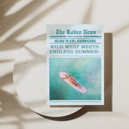 Coastal Cowgirl Retro Print – Blue Newspaper-Inspired Wall Decor