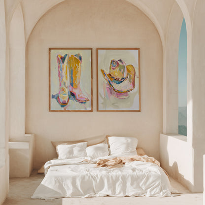 Bedroom with abstract art on the wall and natural light streaming in