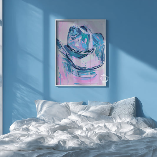 Framed abstract art of a rose on a blue wall above a bed with white bedding.