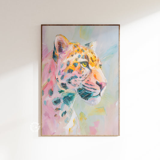 Colorful abstract painting of a jaguar head on a white wall