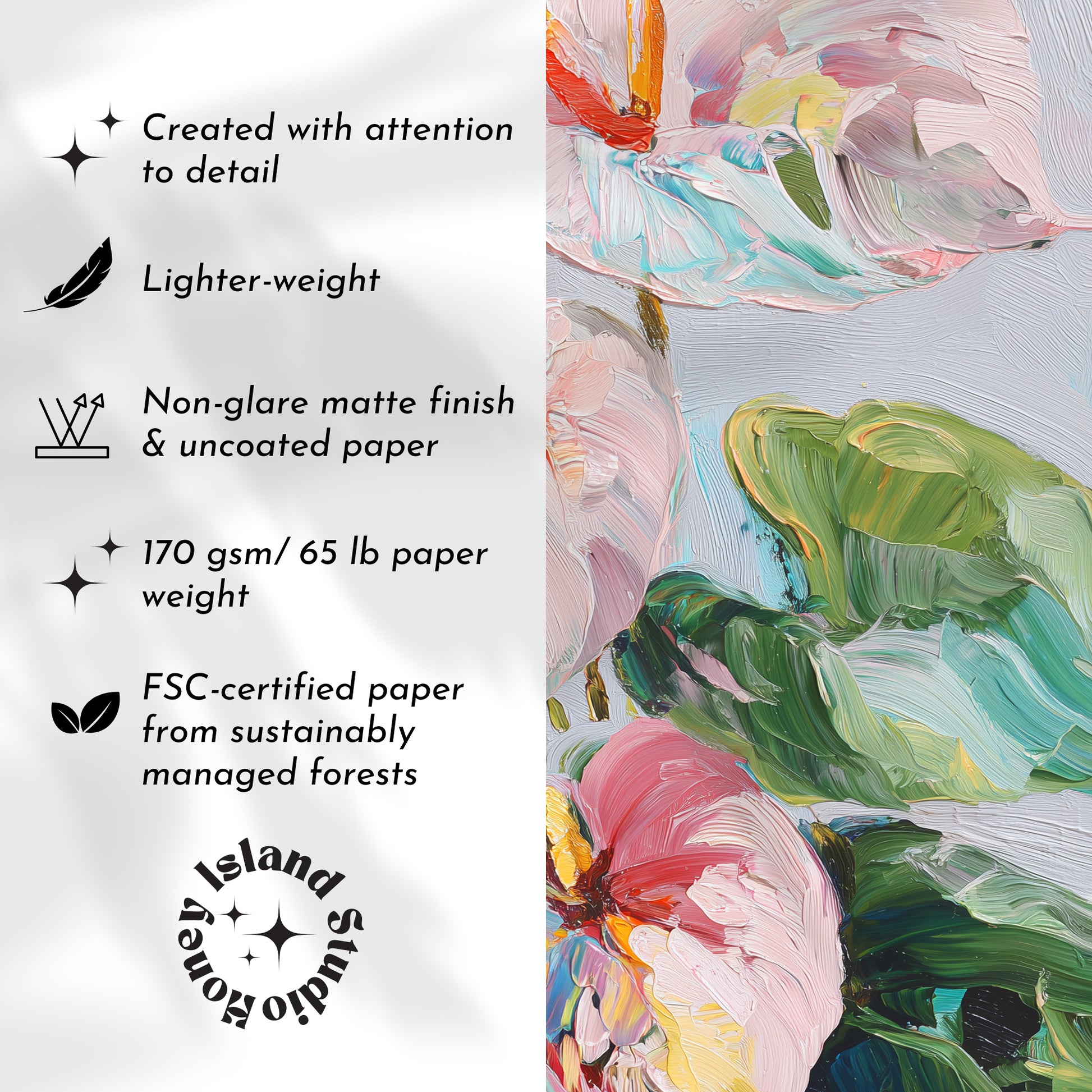 Floral painting with sustainability details on a white background