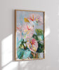 Framed floral painting on a white wall