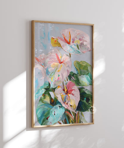 Framed floral painting on a white wall
