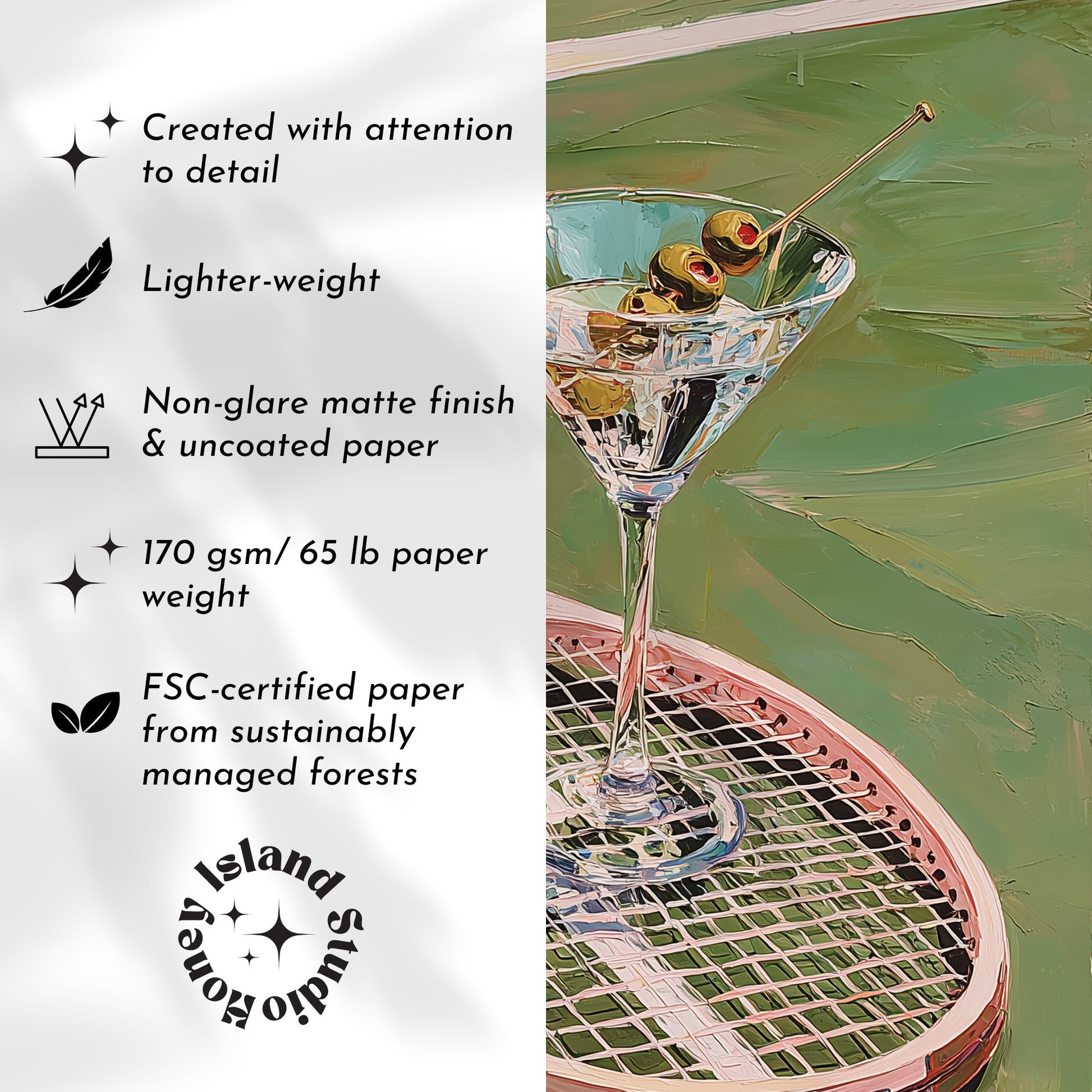 Martini glass with olives on a green surface, alongside sustainability information text.