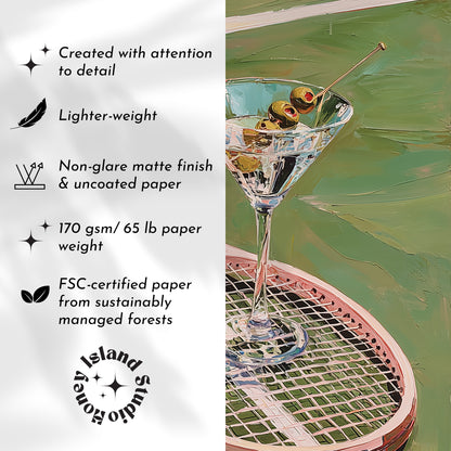 Martini glass with olives on a green surface, alongside sustainability information text.
