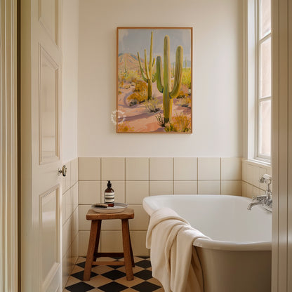 Bathroom with a bathtub, stool, and cactus painting on the wall.