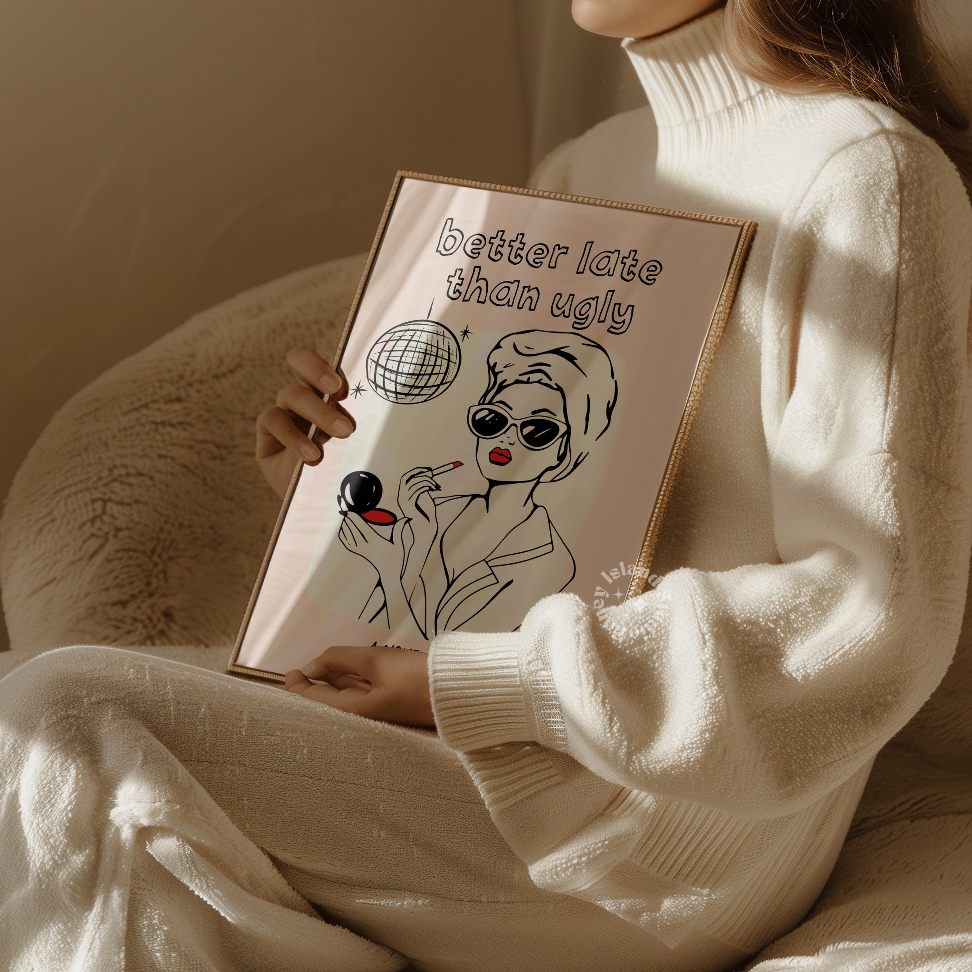 woman holding a frame with a print saying "better than ugly" in pink,with a disco ball in red and black illustration bathroom print