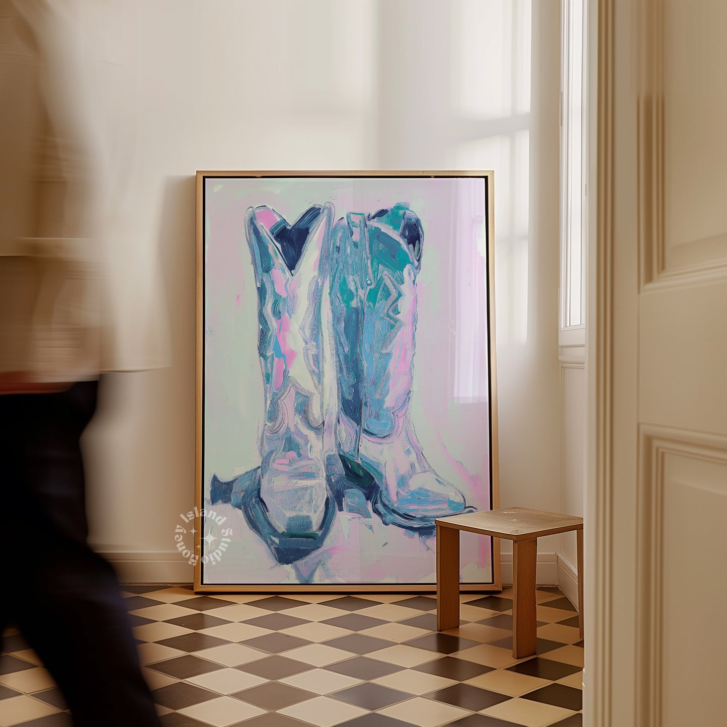 Framed abstract artwork of a boot on a wall in a room with checkered floor.