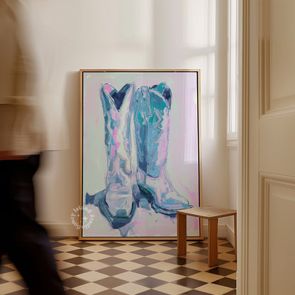 Framed abstract artwork of a boot on a wall in a room with checkered floor.