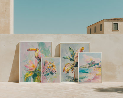 Set of four colorful tropical-themed paintings on a wall.