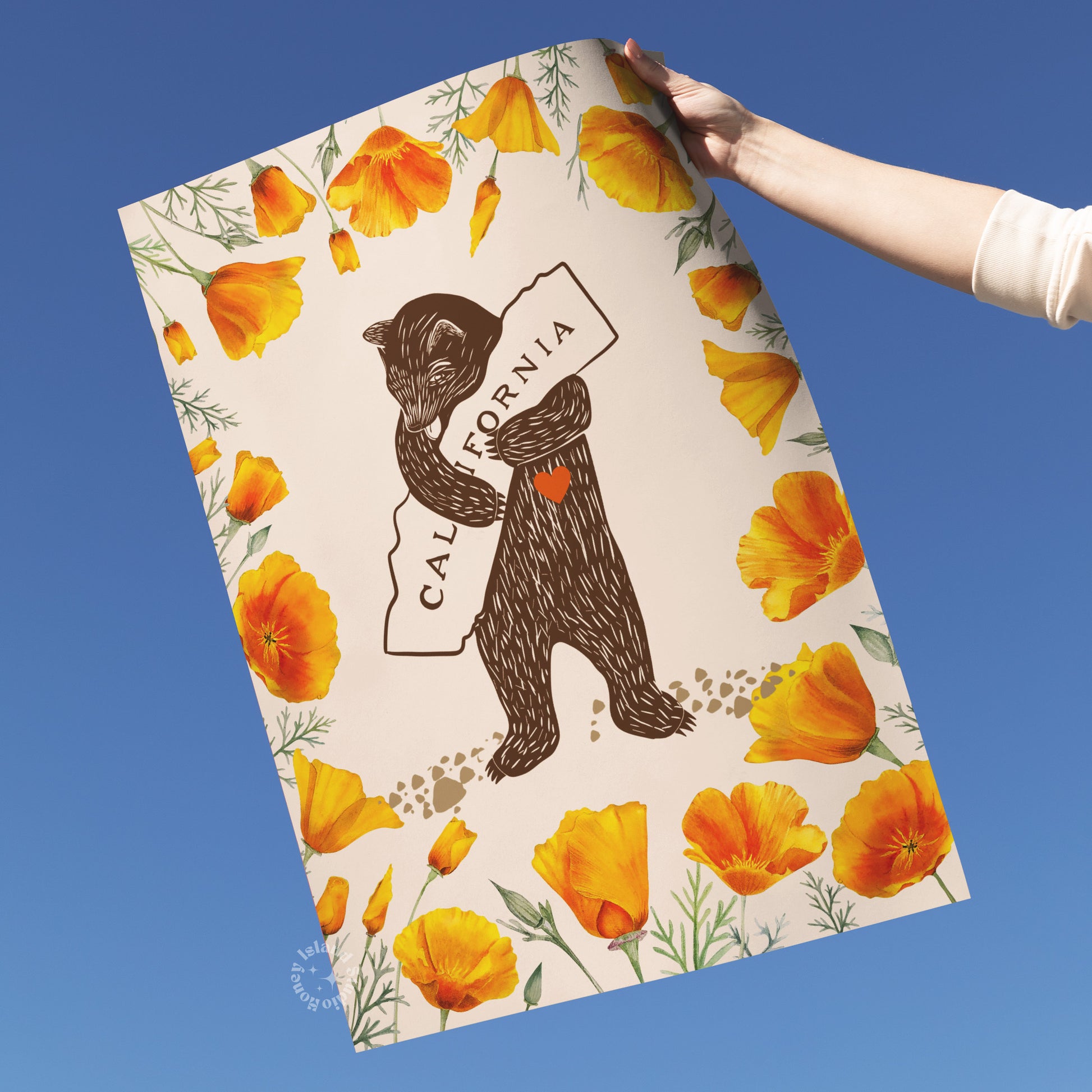 I Love California Bear Hug Print, Retro California Poppy, California Bear Illustration, California Poppies Printed Poster/