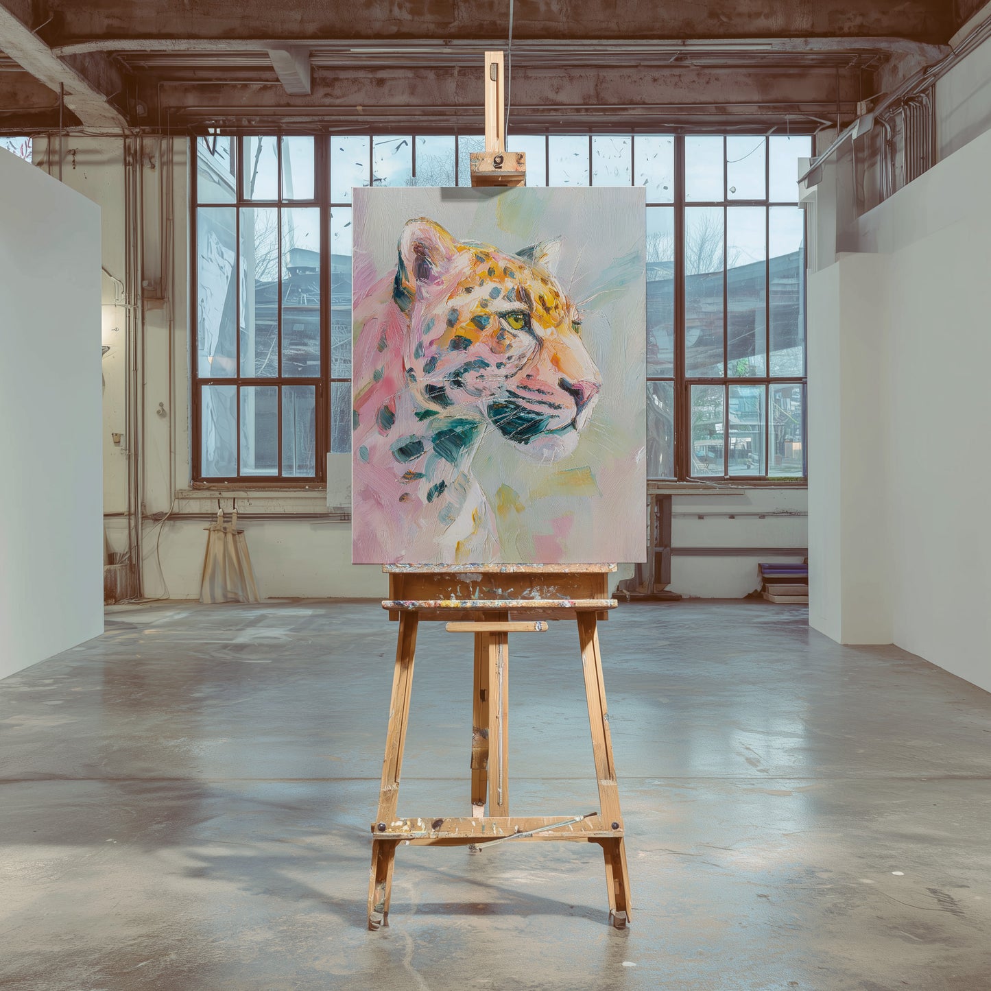 Painting of a tiger on an easel in a large room with high ceilings and large windows.