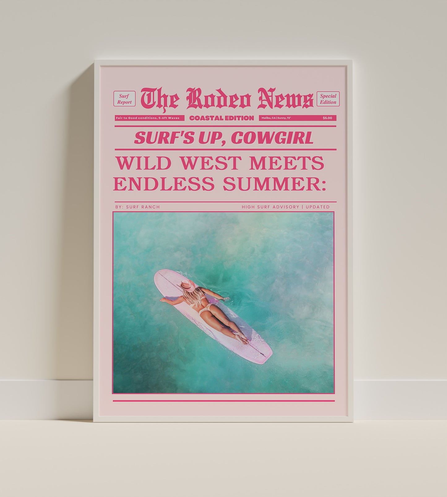 surfer girl paddling pnk surfboard cowgirl hat, turquoise water, Coastal Cowgirl Retro Print – Surf and Rodeo Newspaper Theme in Blush Pink,