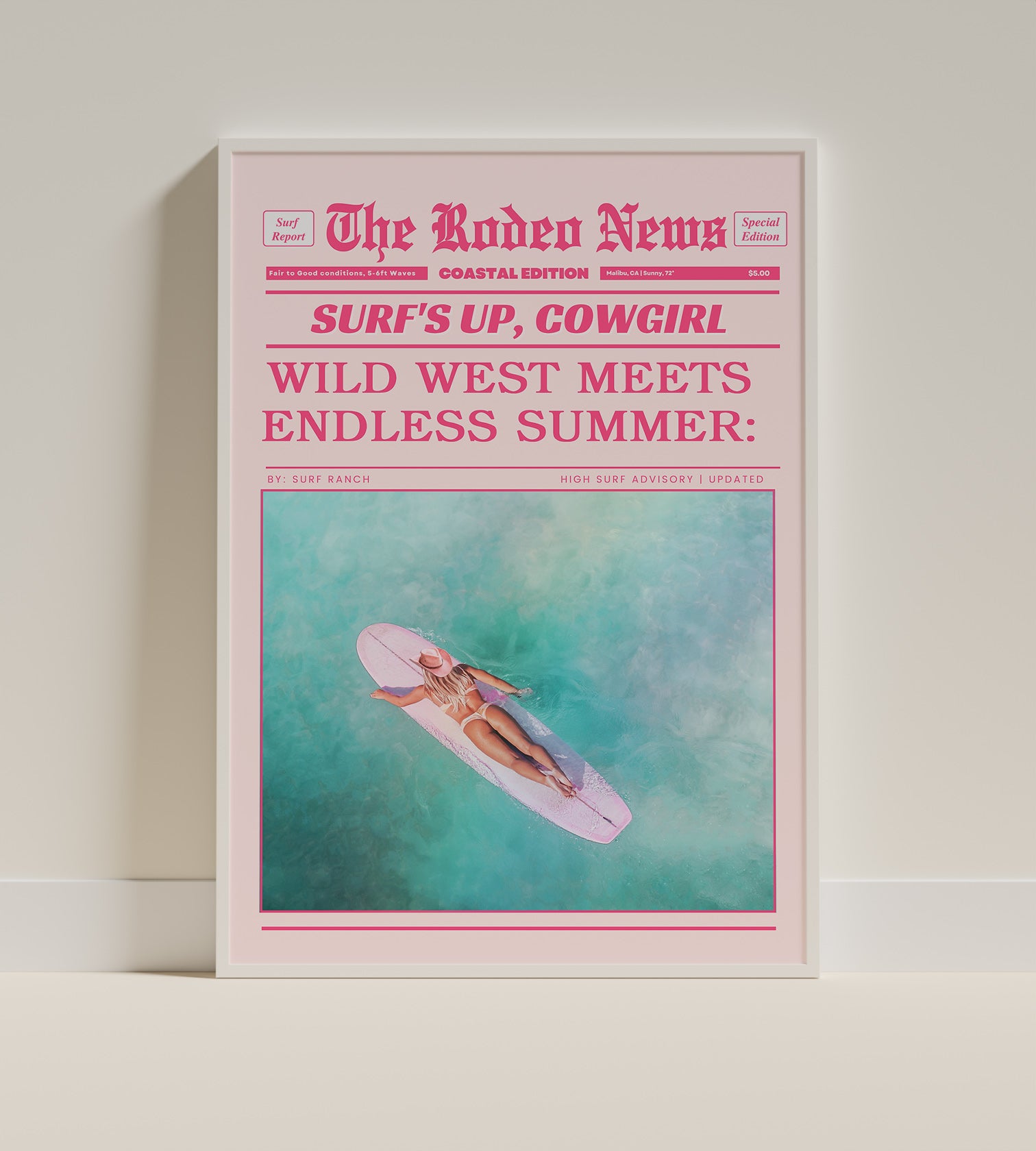 surfer girl paddling pnk surfboard cowgirl hat, turquoise water, Coastal Cowgirl Retro Print – Surf and Rodeo Newspaper Theme in Blush Pink,