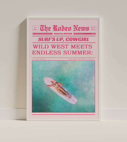 surfer girl paddling pnk surfboard cowgirl hat, turquoise water, Coastal Cowgirl Retro Print – Surf and Rodeo Newspaper Theme in Blush Pink,