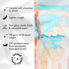 Product packaging with text on paper quality and FSC certification, alongside a colorful abstract design.
