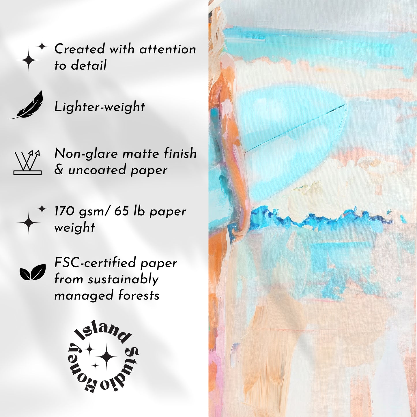 Product packaging with text on paper quality and FSC certification, alongside a colorful abstract design.