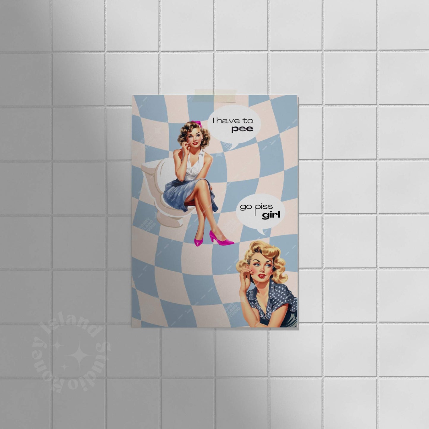 Go Piss Girl Blue Bathroom Poster