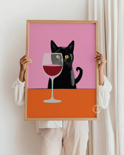 Wine Cat Wall Art, Wine Cat Art Print, Black Cat Wine Table, felne Wine Cat wall art