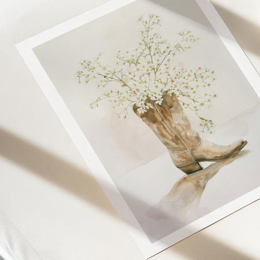 Art print of a vase with flowers and boots on a white surface