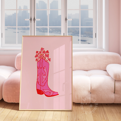 Cowgirl Boot with Flowers Poster - Red/Pink