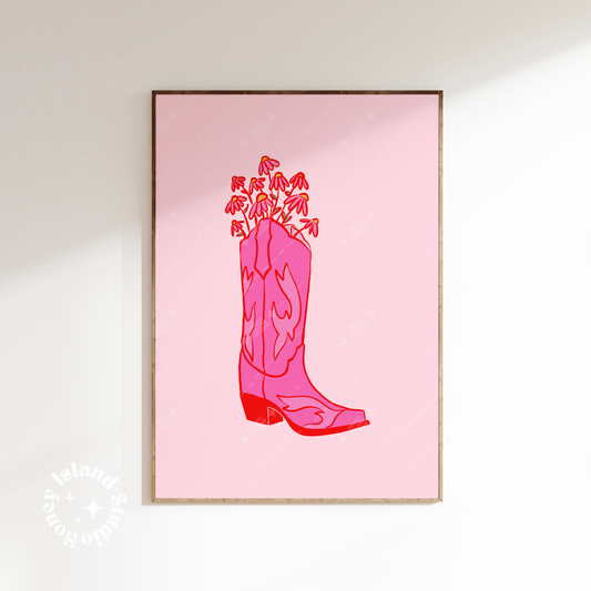 Cowgirl Boot with Flowers Poster - Red/Pink
