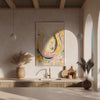 Modern kitchen interior with a colorful horseshoe painting on the wall.