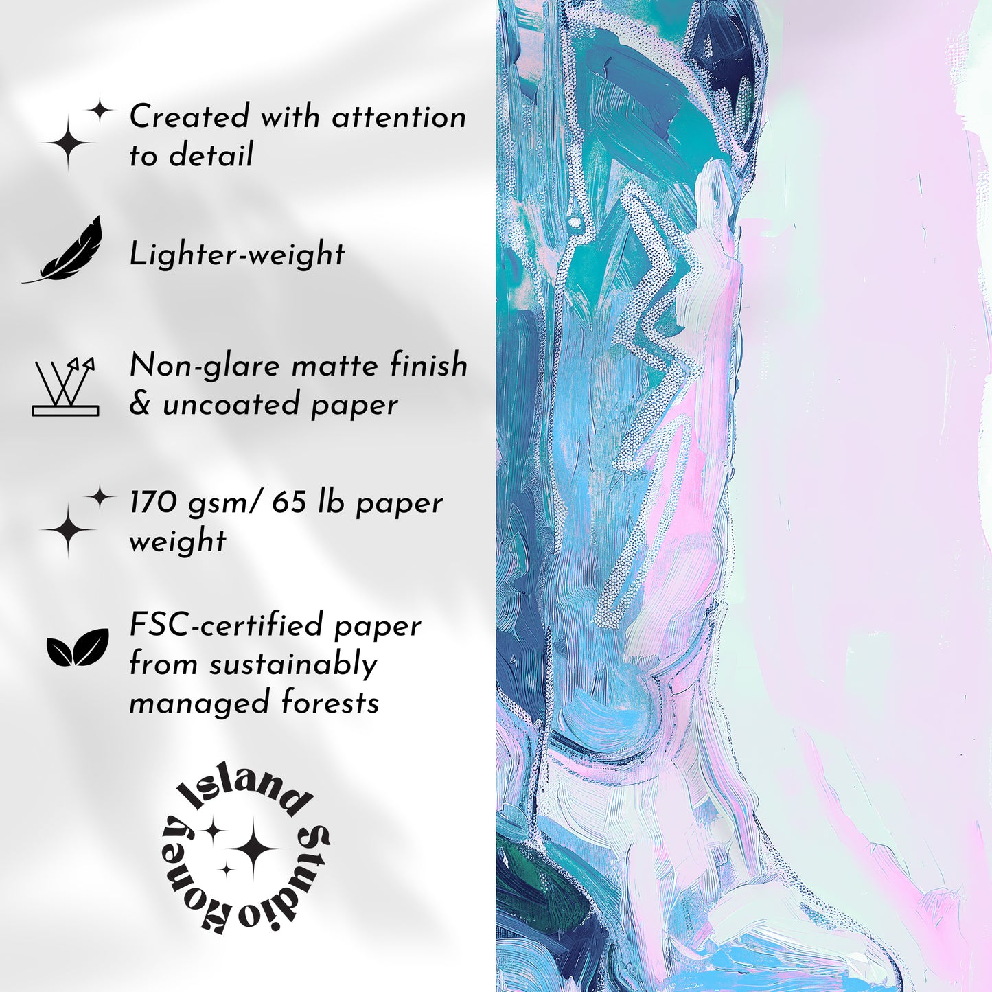 Colorful abstract design with text on paper quality and FSC certification.