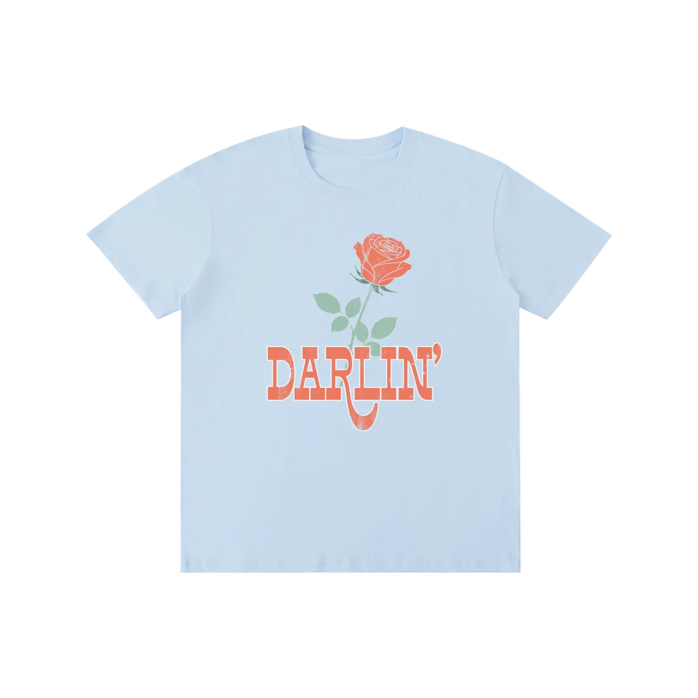 Light blue t-shirt with a red rose and 'Darlin'' text on a white background