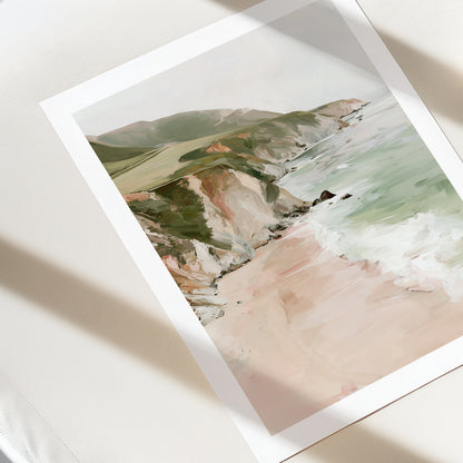 Framed artwork of a landscape with greenery and water on a white surface