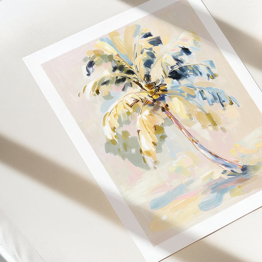 Framed artwork of a palm tree with abstract design on a light background