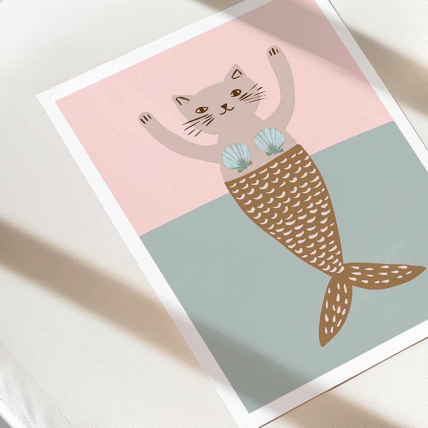 Illustration of a cat with a mermaid tail on a pink and blue background