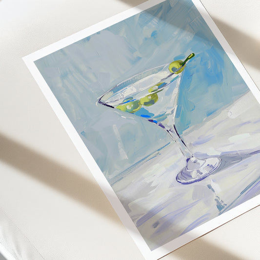 Artistic depiction of a martini glass with olives on a textured surface