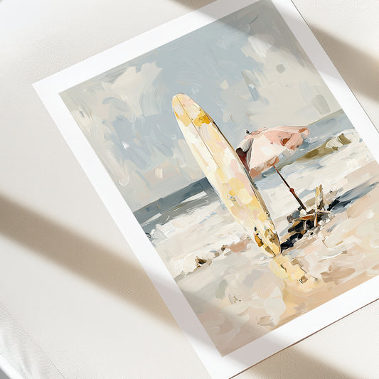 Art print of a beach scene with a surfboard and people on a white surface