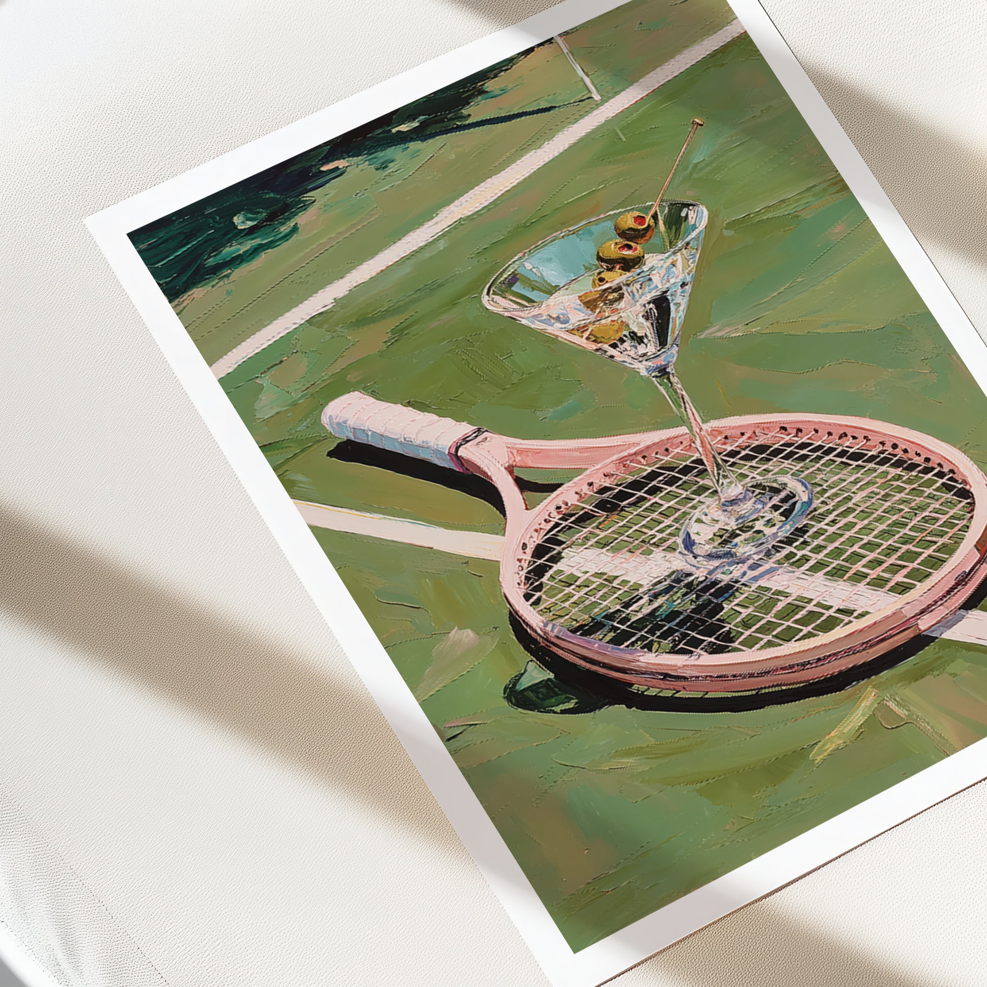 Artistic depiction of a pink tennis racket with a martini glass on a tennis court background