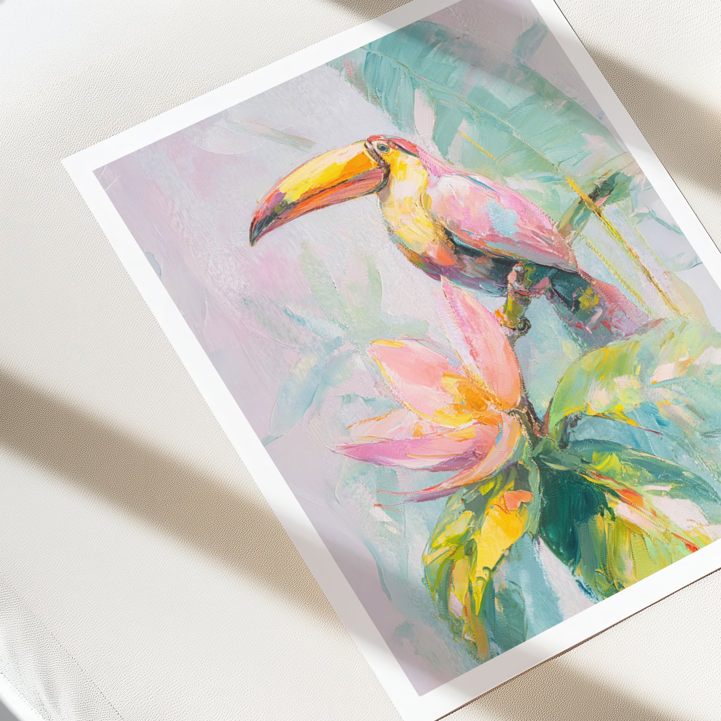 Colorful painting of a toucan and tropical flowers on a white surface