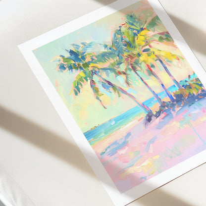 Colorful beach scene with palm trees on a white background
