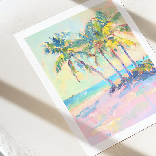 Colorful beach scene with palm trees on a white background