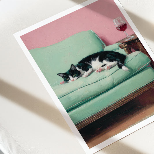 Cat lying on a green couch with a pink wall and wine glass in the background