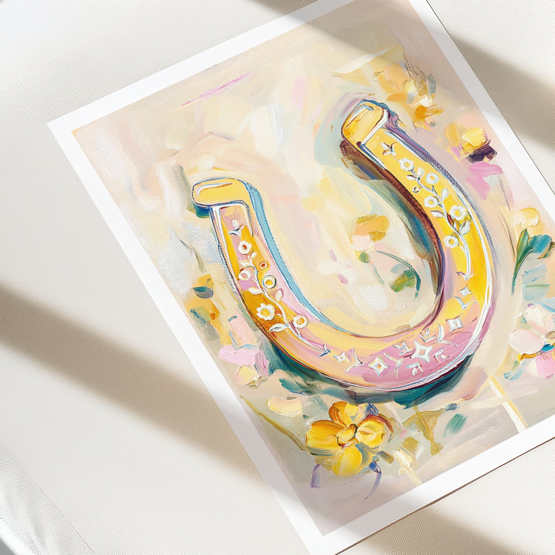 Colorful illustration of a horseshoe with floral elements on a white background